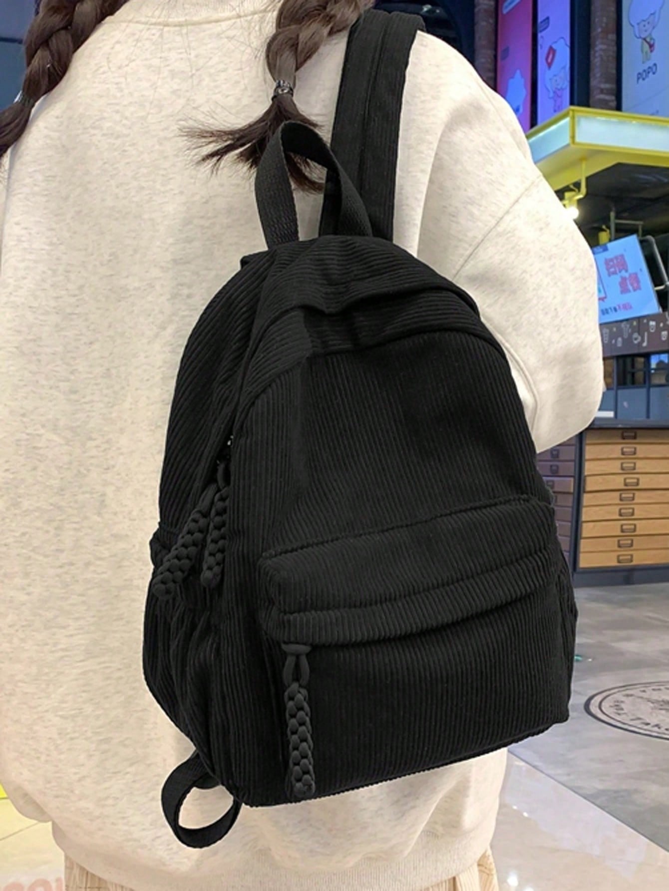 Fashion Backpack Women - Solid Color Corduroy Fabric Fashionable And