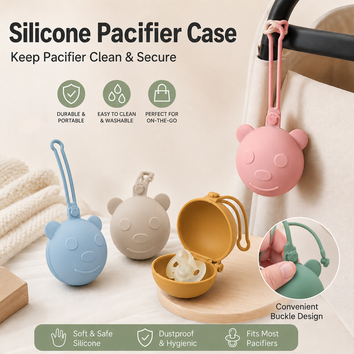 Backpack Diaper Bag - Bear-shaped portable silicone pacifier box, storage