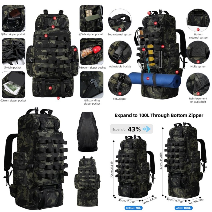 70L/100L Camping Hiking Backpa - Rain Cover Backpack 评论和价格